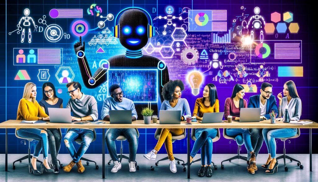 Illustration eines modernen, digitalen Arbeitsplatzes mit Marketing- und Tech-Profis, die an Laptops und großen KI-basierten Bildschirmen arbeiten, umgeben von Datenströmen und Formeln.