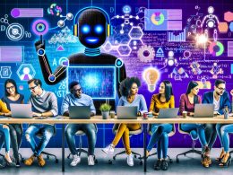 Illustration eines modernen, digitalen Arbeitsplatzes mit Marketing- und Tech-Profis, die an Laptops und großen KI-basierten Bildschirmen arbeiten, umgeben von Datenströmen und Formeln.