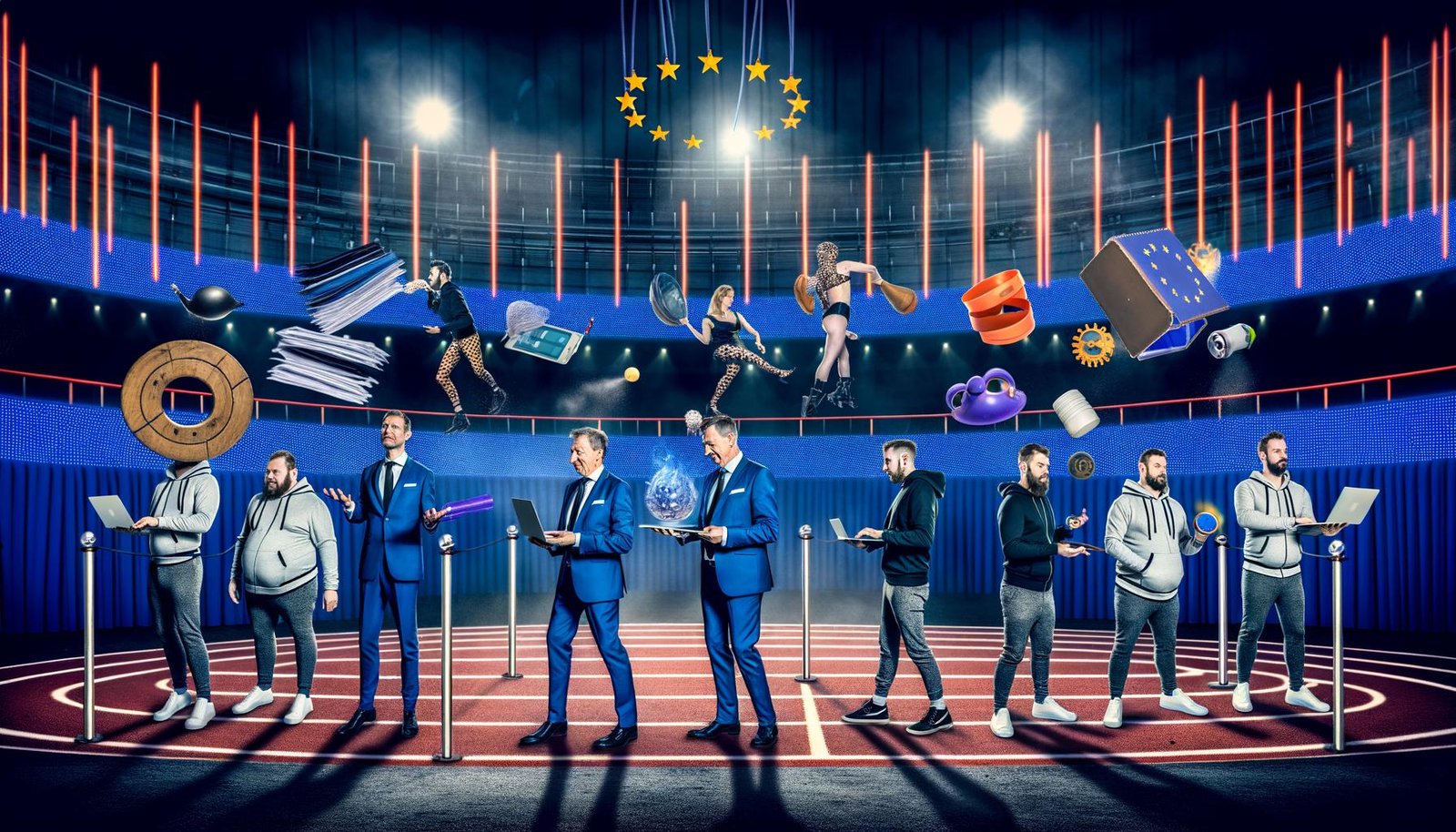 Surreale Zirkusszene im EU-Parlamentsstil mit Bürokraten, die Regelwerke jonglieren, Start-up-Gründern mit Laptops und KI-Robotern sowie amerikanischen und chinesischen Tech-Giganten im Hintergrund.