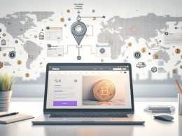 Helle Workspace-Szene mit offenem Notion-Dashboard, Funnel-Visualisierung, Krypto-Zahlungsbutton, Automatisierungs-Icons und Weltkarte im Hintergrund.