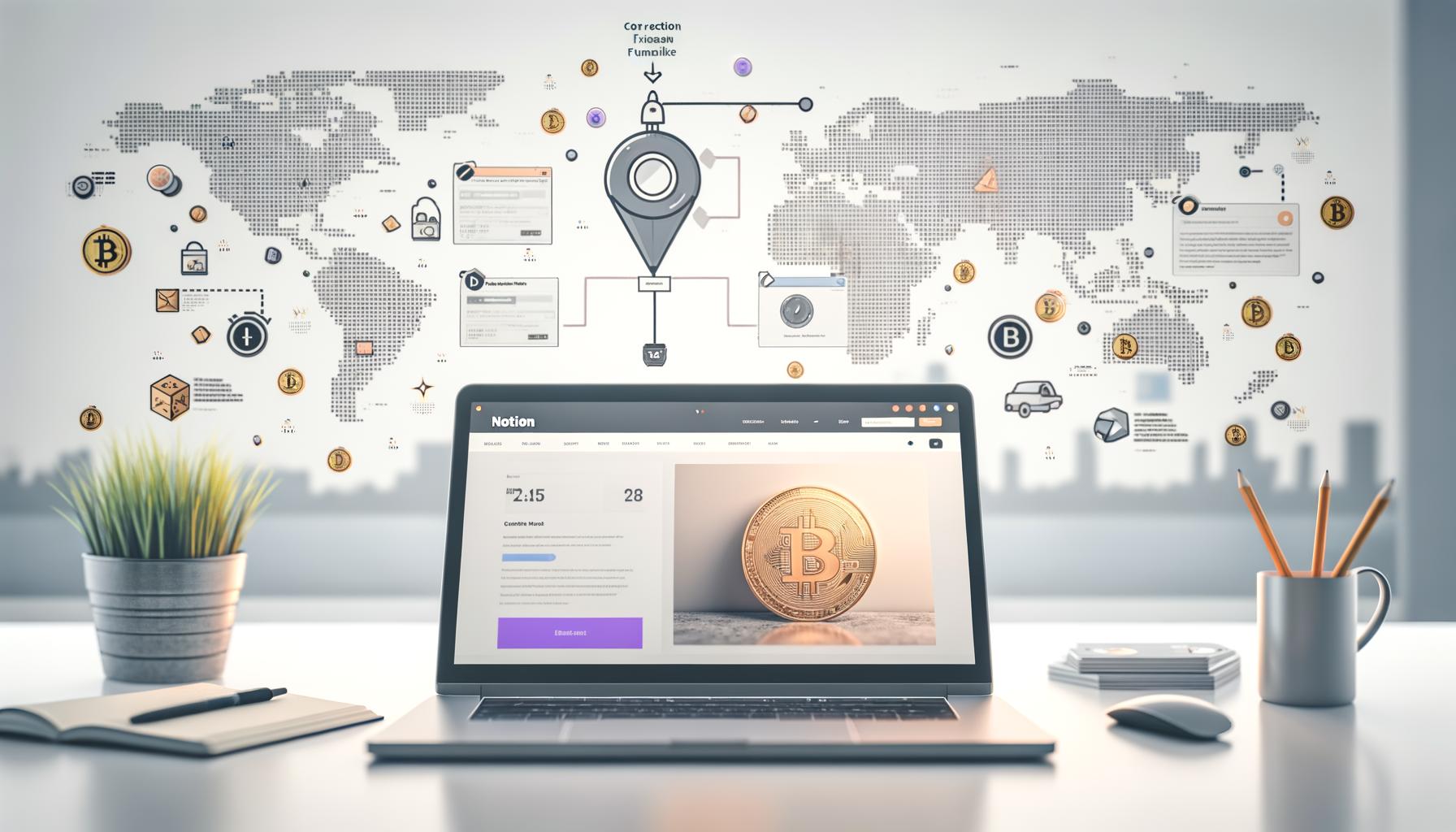 Helle Workspace-Szene mit offenem Notion-Dashboard, Funnel-Visualisierung, Krypto-Zahlungsbutton, Automatisierungs-Icons und Weltkarte im Hintergrund.