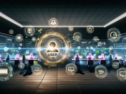 Futuristischer Kontrollraum mit digitalen Dashboards, schwebenden Analytics-Charts und vernetzen Geräten, der nahtlose, geräteübergreifende Nutzeridentifikation im digitalen Marketing zeigt.