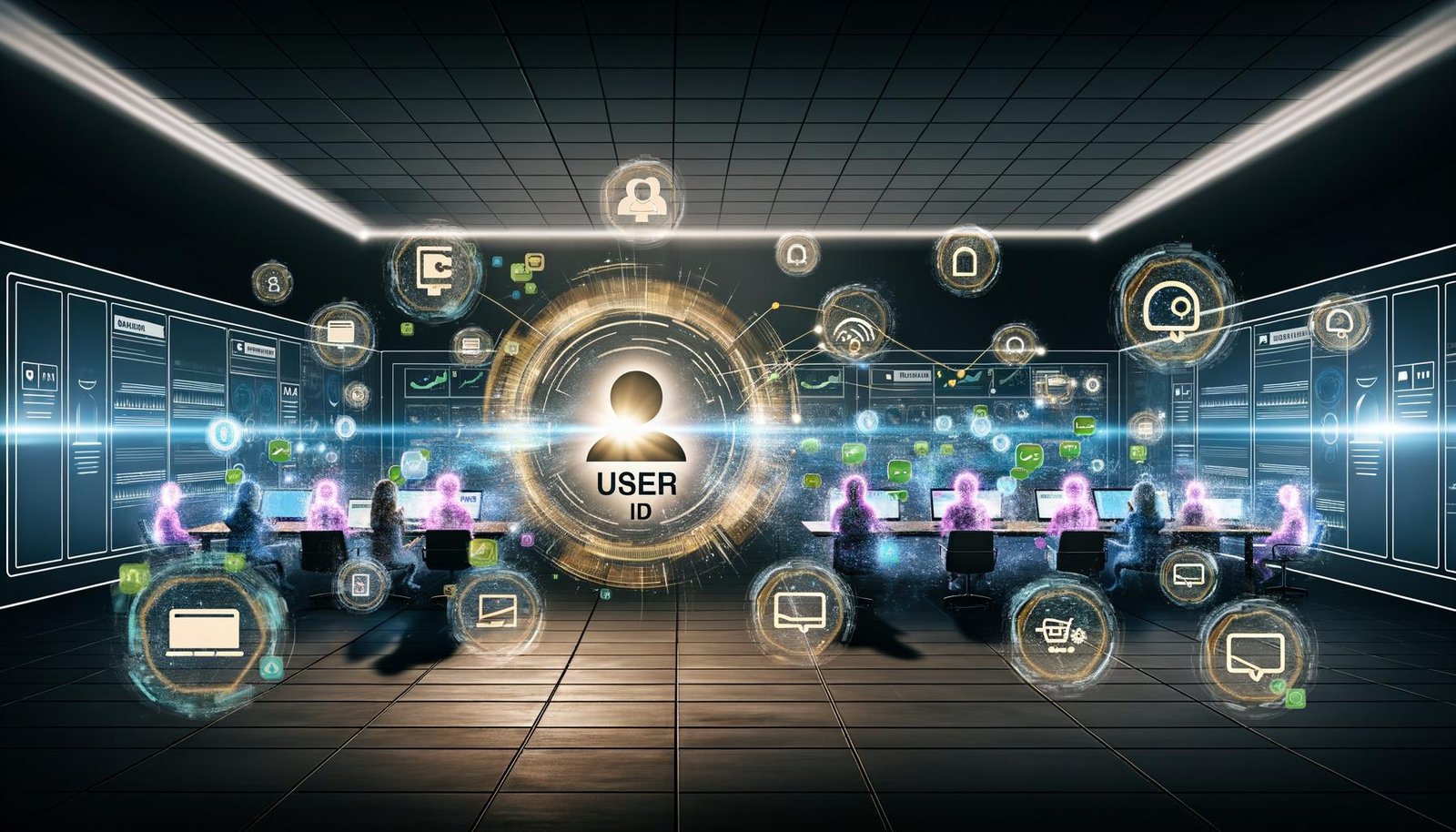 Futuristischer Kontrollraum mit digitalen Dashboards, schwebenden Analytics-Charts und vernetzen Geräten, der nahtlose, geräteübergreifende Nutzeridentifikation im digitalen Marketing zeigt.