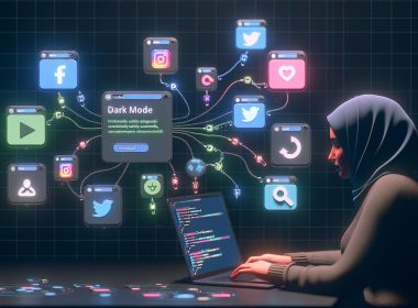Illustration eines Social Media Dashboards im Dark-Mode mit schwebenden Icons von Facebook, Twitter, Instagram, TikTok und LinkedIn, animierten Datenströmen und einem kreativen Webentwickler mit Laptop im Vordergrund.