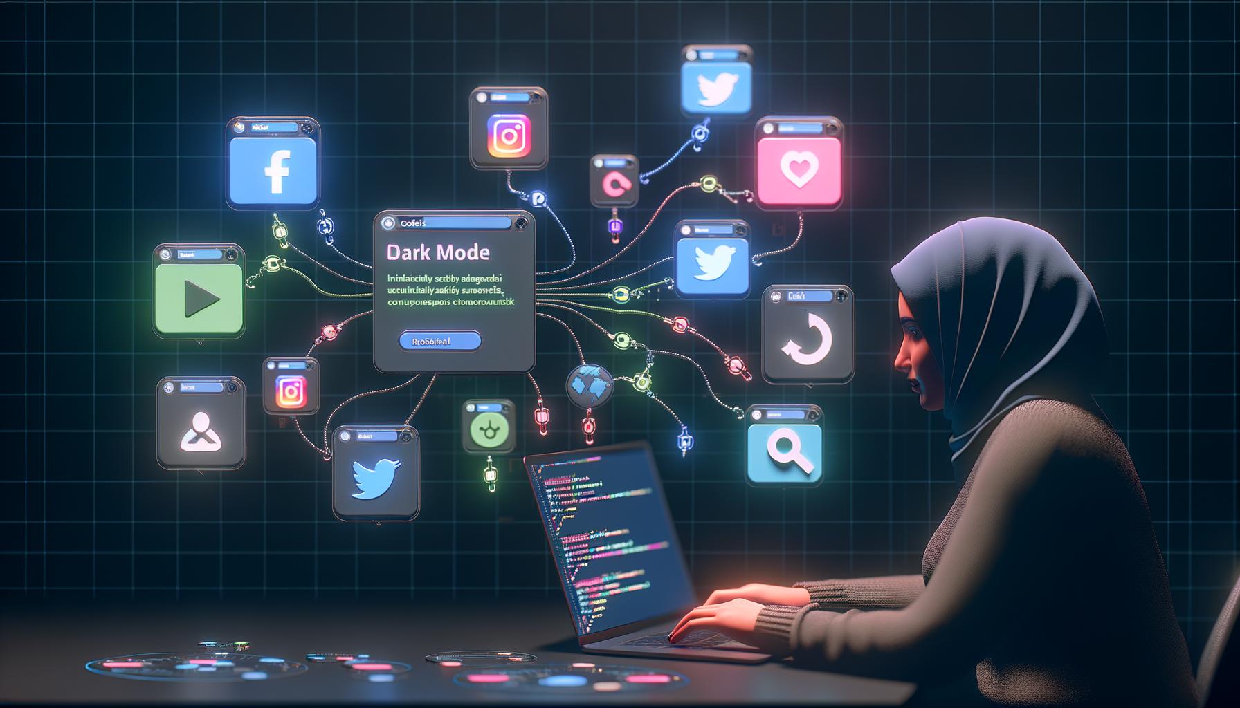 Illustration eines Social Media Dashboards im Dark-Mode mit schwebenden Icons von Facebook, Twitter, Instagram, TikTok und LinkedIn, animierten Datenströmen und einem kreativen Webentwickler mit Laptop im Vordergrund.