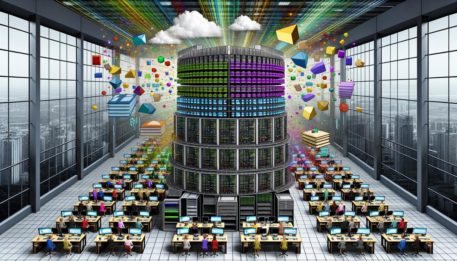 Stylisiertes Büro voller Datenwissenschaftler und Digital Marketer, bunte Datenströme, fliegende Excel-Tabellen und ein mehrstufiger Tech-Stack als zentraler Turm, mit klassischen Berichten im Hintergrund.