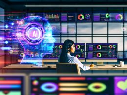 Marketer arbeitet im modernen Büro vor Bildschirmen mit Datenströmen, bunten Dashboards und künstlicher Intelligenz.