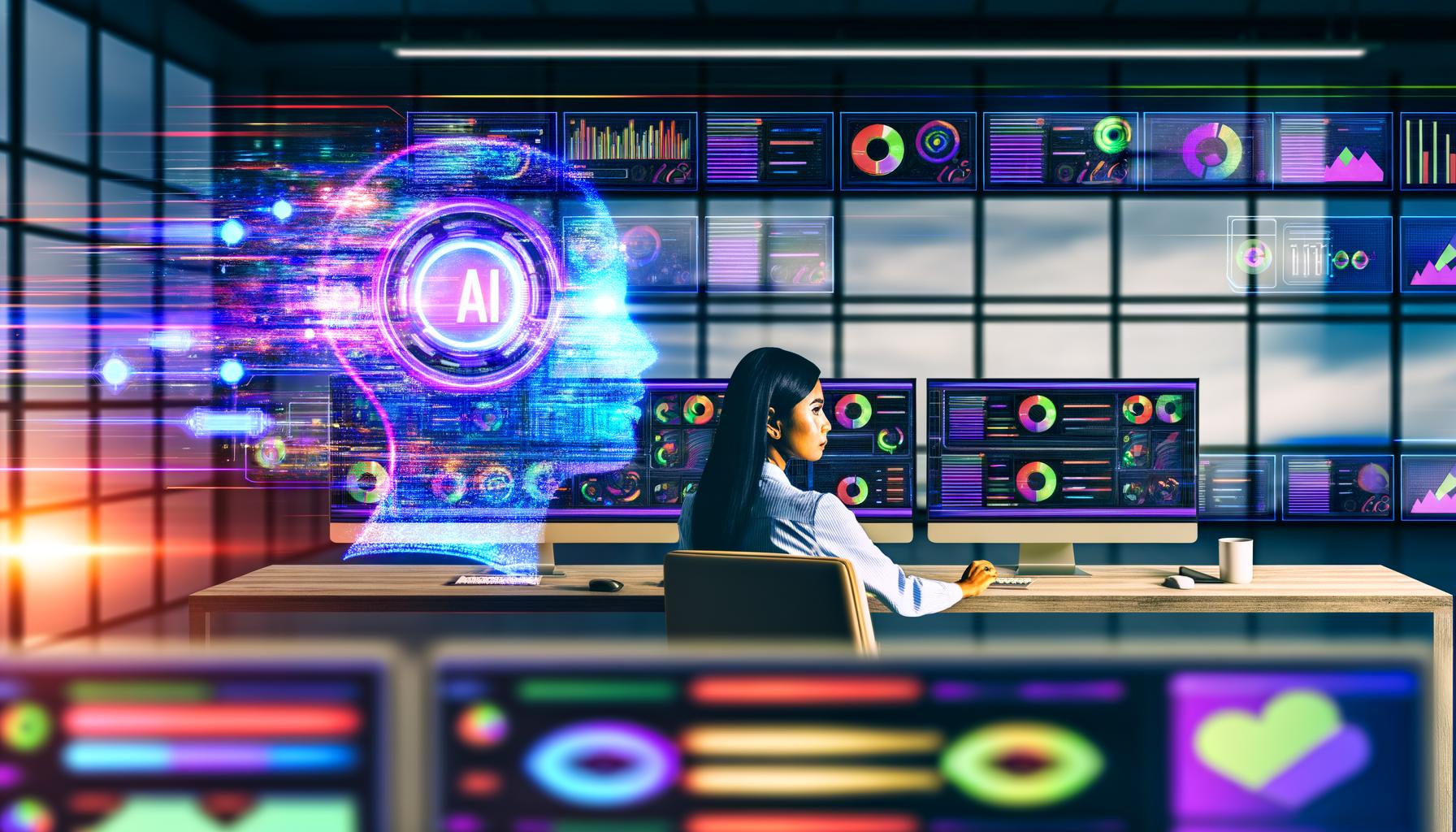 Marketer arbeitet im modernen Büro vor Bildschirmen mit Datenströmen, bunten Dashboards und künstlicher Intelligenz.