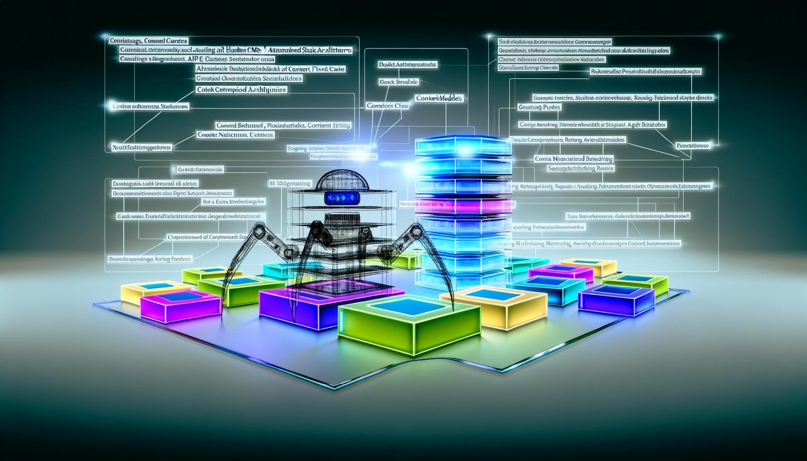 Dynamische Illustration einer modernen SEO-Zentrale mit mehrschichtigem, transparentem Content-Stack, verbunden durch digitale Lichtlinien und analysiert von einem Googlebot-ähnlichen Crawler.