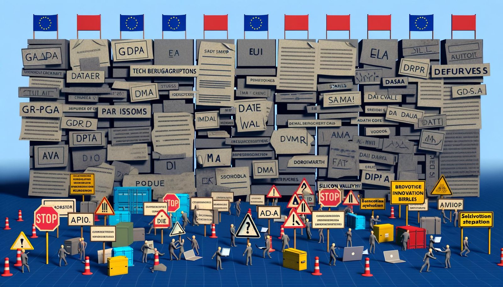 Digitales Schlachtfeld mit Tech-Unternehmern, Startups und modernen Tools auf der einen Seite und einer undurchdringlichen Mauer aus EU-Gesetzen, Paragrafen und Bürokratie auf der anderen Seite, illustriert durch Stempel, Schranken, Verbotsschilder, EU-Flaggen und Koffer mit Silicon Valley-Logos.