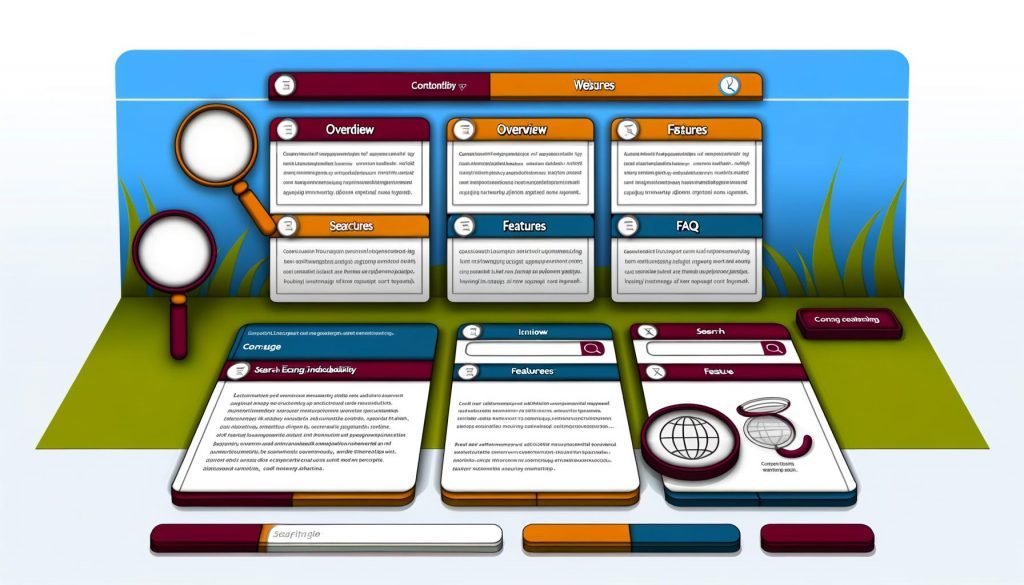 Website-Interface mit mehreren Tabs und aktiver Inhaltsanzeige, darüber Googlebot-Icons und SEO-Symbole zur Verdeutlichung der Suchmaschinenoptimierung.
