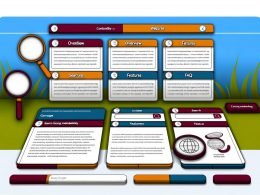 Website-Interface mit mehreren Tabs und aktiver Inhaltsanzeige, darüber Googlebot-Icons und SEO-Symbole zur Verdeutlichung der Suchmaschinenoptimierung.