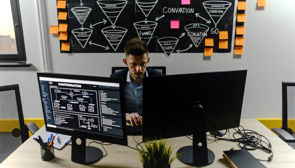 Ein Unternehmer sitzt vor mehreren Monitoren an einem modernen Arbeitsplatz. Die Bildschirme zeigen komplexe Workflows, Notion-Dashboard und API-Dokumentationen. Die Umgebung wirkt kreativ-chaotisch mit technischen Notizen und Startup-Flair.