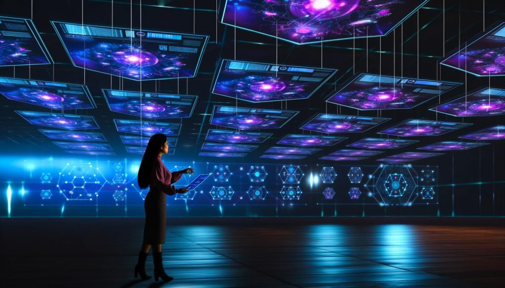 Futuristischer digitaler Kontrollraum mit schwebenden, holografischen Dashboards, auf denen ein Marketingexperte anonymisierte Nutzerinteraktionen und eindeutige User-IDs auswertet.