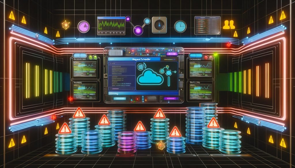 Futuristisches Rechenzentrum mit Airbyte Dashboard, bunten Datenströmen, Schnittstellen-Icons und Monitoring-Symbolen vor dunklem Hintergrund.