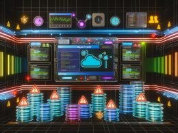 Futuristisches Rechenzentrum mit Airbyte Dashboard, bunten Datenströmen, Schnittstellen-Icons und Monitoring-Symbolen vor dunklem Hintergrund.