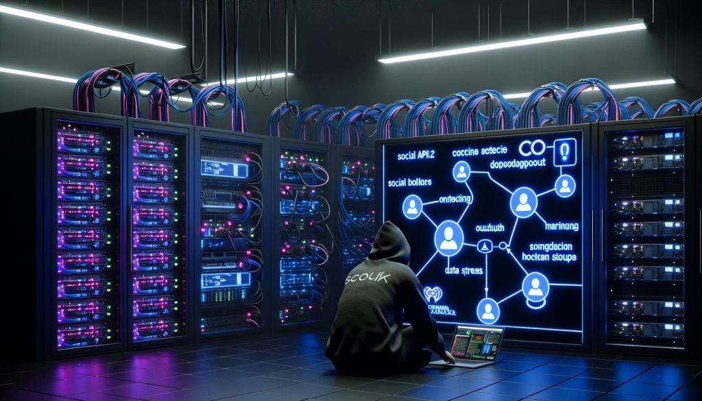 Maschinenraum mit Serverracks, leuchtenden Social-Media-Icons und Techniker im Hoodie analysiert API- und OAuth-Diagramme auf digitalem Dashboard