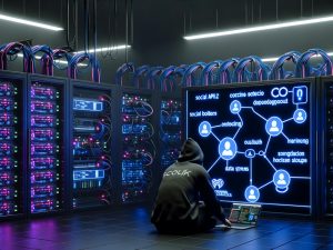 Maschinenraum mit Serverracks, leuchtenden Social-Media-Icons und Techniker im Hoodie analysiert API- und OAuth-Diagramme auf digitalem Dashboard