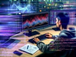 Datenforscher sitzt vor Monitoren mit Machine-Learning-Diagrammen, Code und bunten Datenvisualisierungen, im Hintergrund verschwimmen Datenströme.