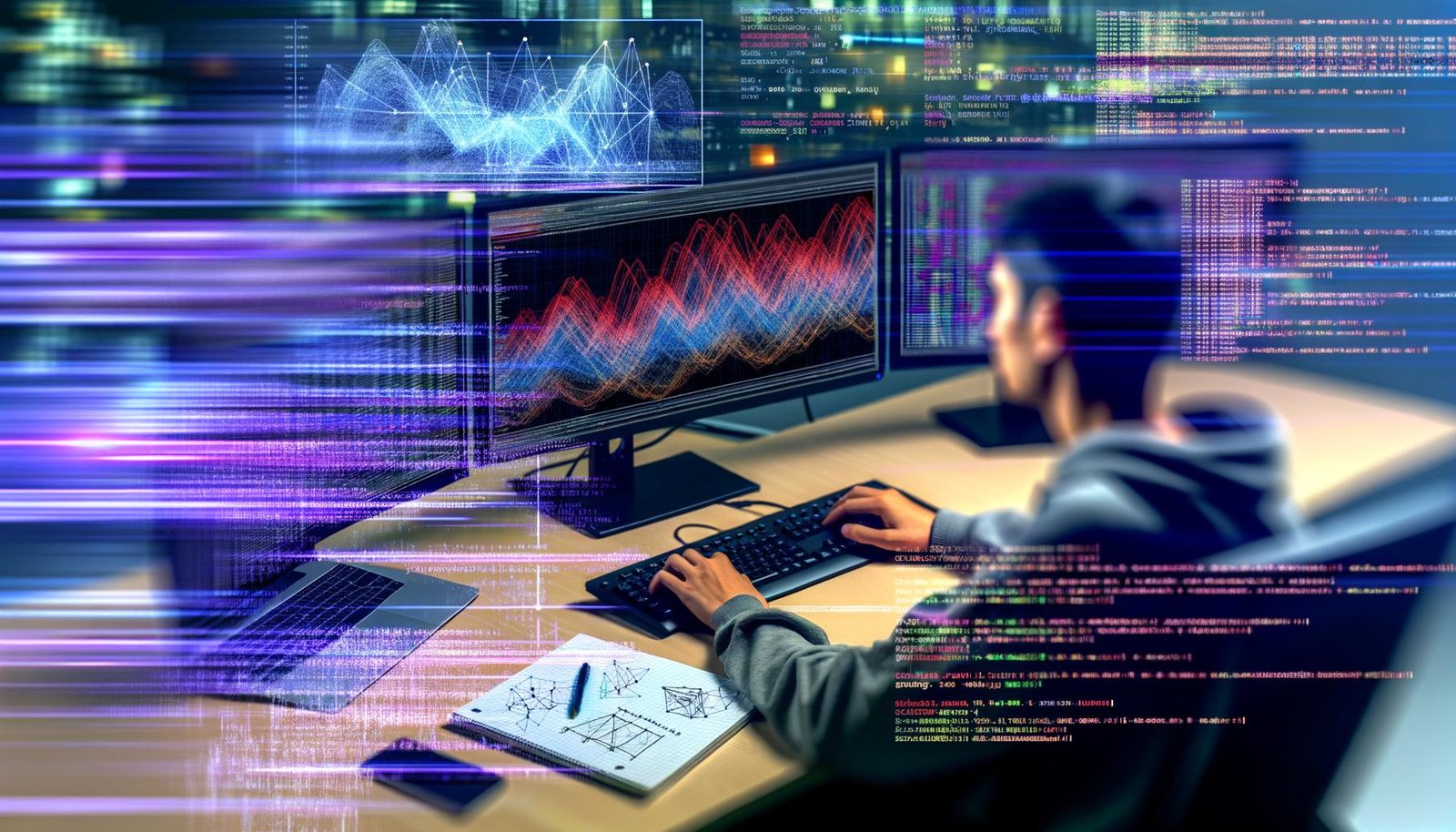 Datenforscher sitzt vor Monitoren mit Machine-Learning-Diagrammen, Code und bunten Datenvisualisierungen, im Hintergrund verschwimmen Datenströme.