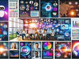 Kreatives Büro mit Team, KI-Chatbots, Predictive Analytics, digitalen Datenströmen und Social-Media-Elementen