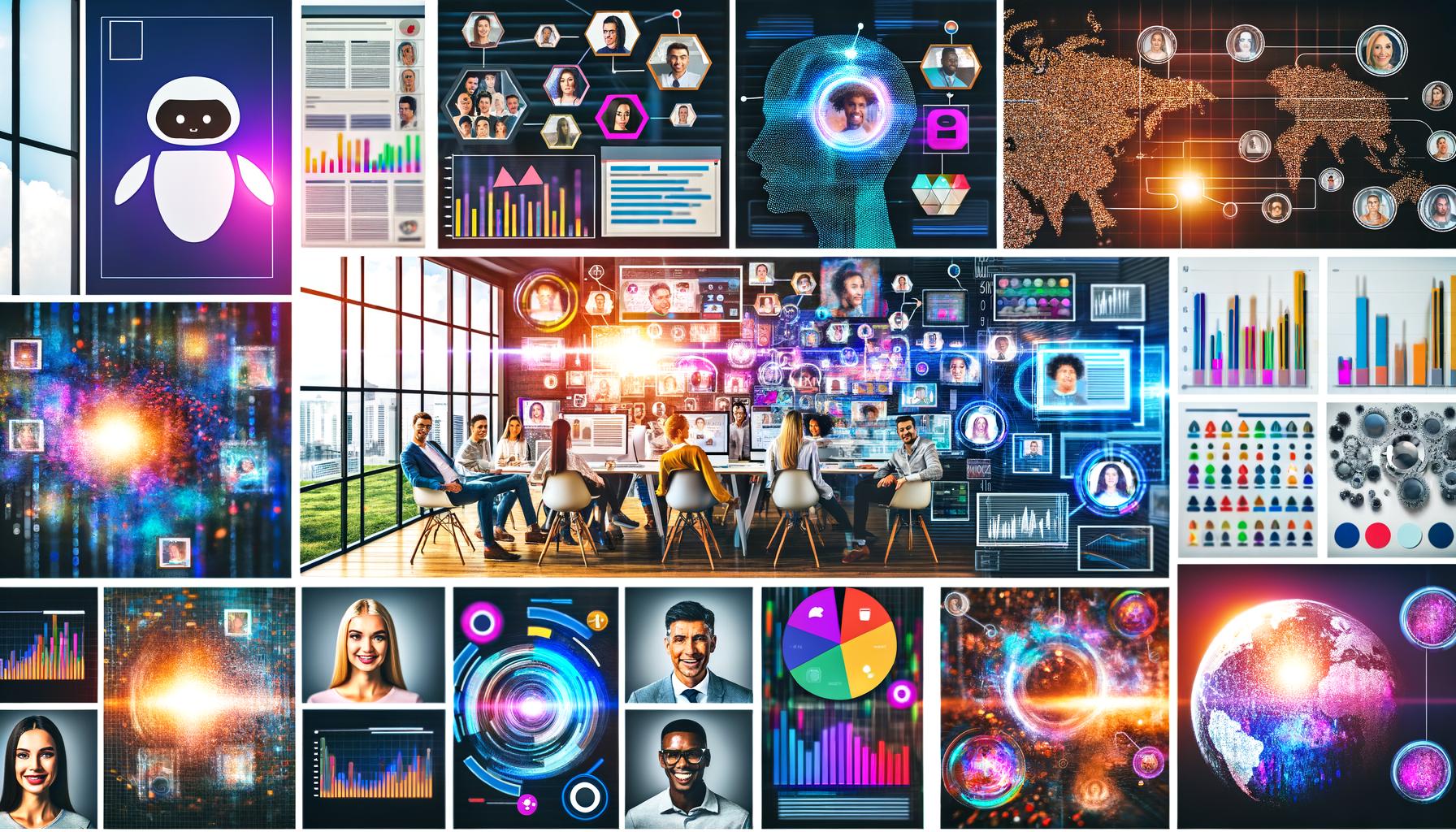 Kreatives Büro mit Team, KI-Chatbots, Predictive Analytics, digitalen Datenströmen und Social-Media-Elementen