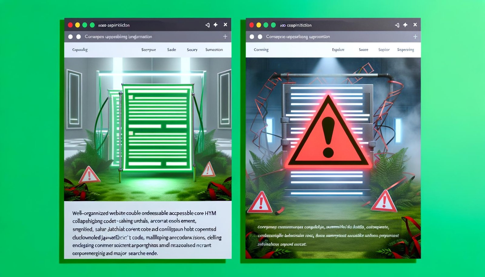 Vergleich zwischen einer strukturierten, HTML-basierten Webseite mit gut sichtbaren Inhalten und einer chaotischen, JavaScript-lastigen Seite mit defekten Akkordeons, beide überwacht vom Google-Logo.