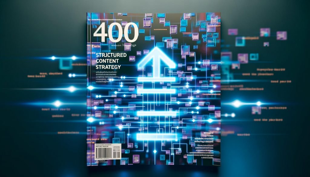 Magazin-Cover mit neonblauem Schriftzug „Structured Content Strategie“, digitalen Content-Bausteinen, Schaltkreisen, Datenströmen und Google-Suchfeld im modernen Tech-Design.