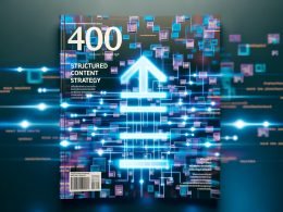 Magazin-Cover mit neonblauem Schriftzug „Structured Content Strategie“, digitalen Content-Bausteinen, Schaltkreisen, Datenströmen und Google-Suchfeld im modernen Tech-Design.