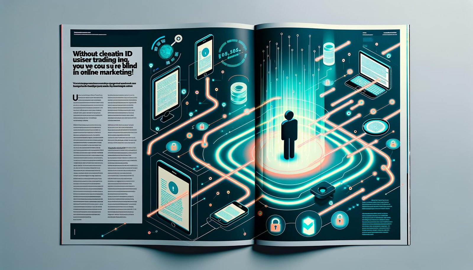 Illustration zum User ID Tracking mit stilisiertem Nutzer, verbundenen Geräten, leuchtenden Datenlinien und Datenschutzsymbolen auf einer modernen Magazin-Doppelseite.