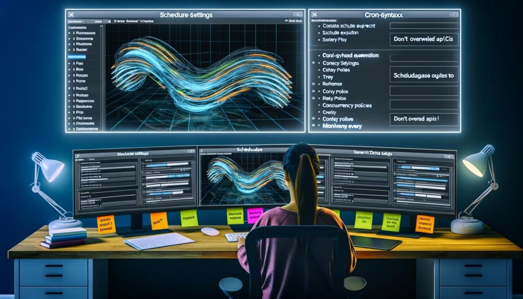 Data Engineer vor Multi-Monitor-Setup mit geöffnetem Airbyte Scheduler, API-Flussdiagrammen, Echtzeit-Sync-Metriken und Monitoring-Notizen im modernen Büro