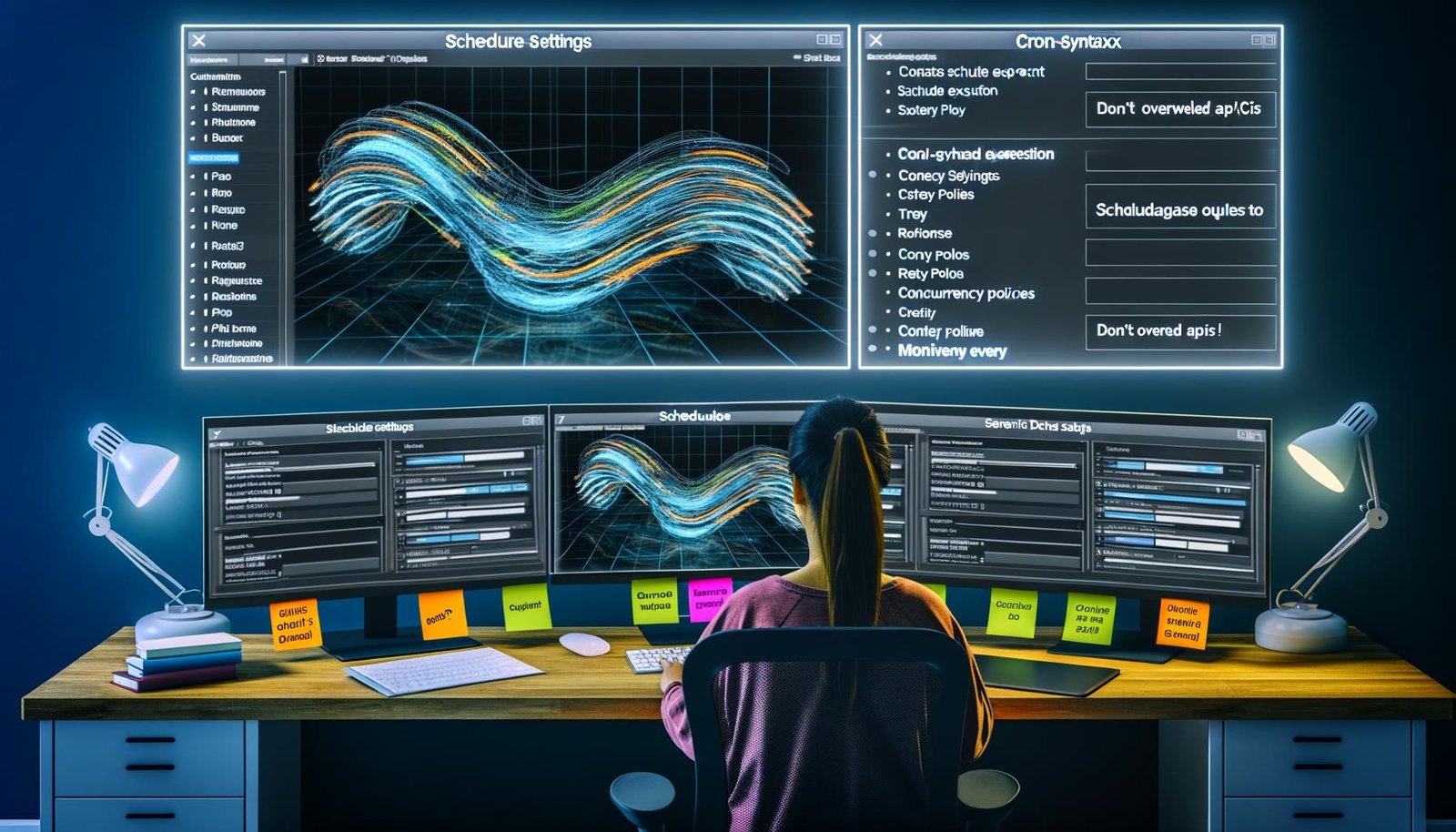 Data Engineer vor Multi-Monitor-Setup mit geöffnetem Airbyte Scheduler, API-Flussdiagrammen, Echtzeit-Sync-Metriken und Monitoring-Notizen im modernen Büro