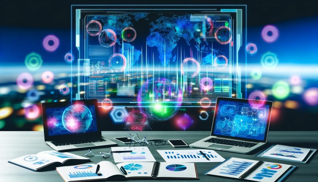Futuristischer Arbeitsplatz mit holografischem Daten-Dashboard, offenen Laptops, Notizblättern und einer Weltkarte mit Marketing-Trends im Hintergrund.