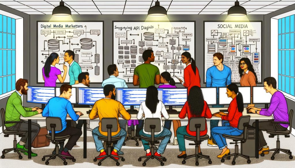 Dynamisches Büro mit einem vielfältigen Team, das API- und Social Media-Analysen an Bildschirmen und Whiteboards diskutiert.