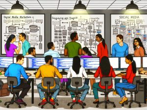 Dynamisches Büro mit einem vielfältigen Team, das API- und Social Media-Analysen an Bildschirmen und Whiteboards diskutiert.