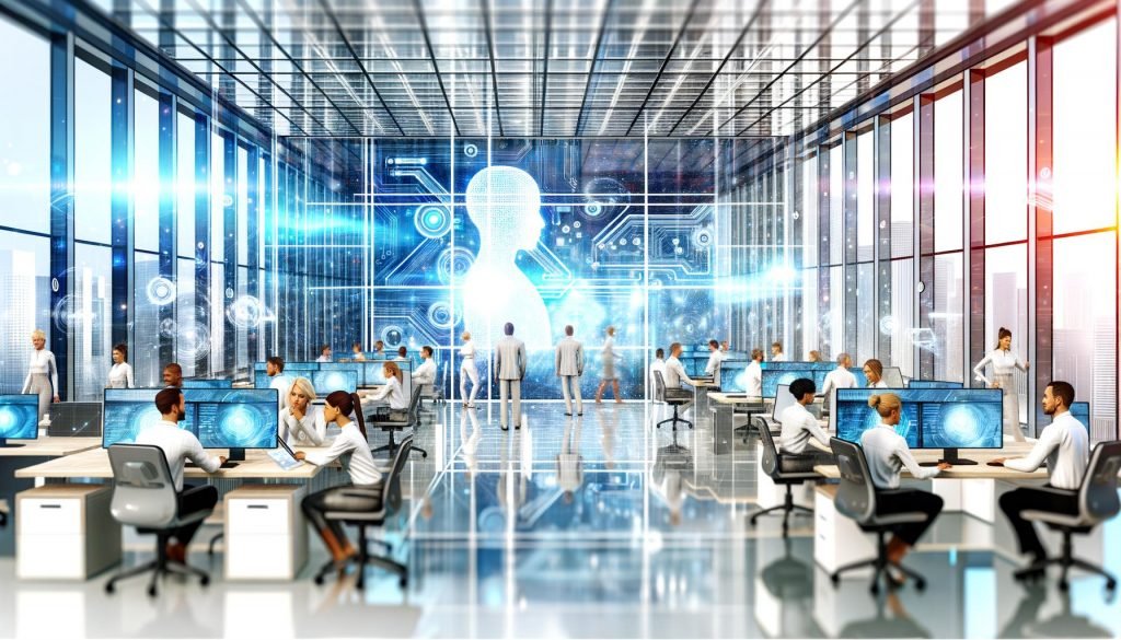 Modernes Büro mit vielfältigen Angestellten, transparenten Screens und fließenden KI-Datenströmen für maschinelles Lernen und Analysen