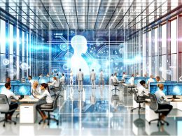 Modernes Büro mit vielfältigen Angestellten, transparenten Screens und fließenden KI-Datenströmen für maschinelles Lernen und Analysen