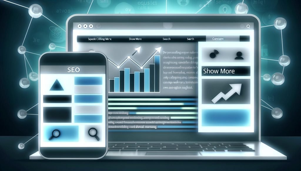 Modernes Website-Design mit expandierbaren Bereichen auf Laptop und Smartphone, SEO-Symbole, Core Web Vitals-Anzeige und Google-Bot-Silhouette im Hintergrund.