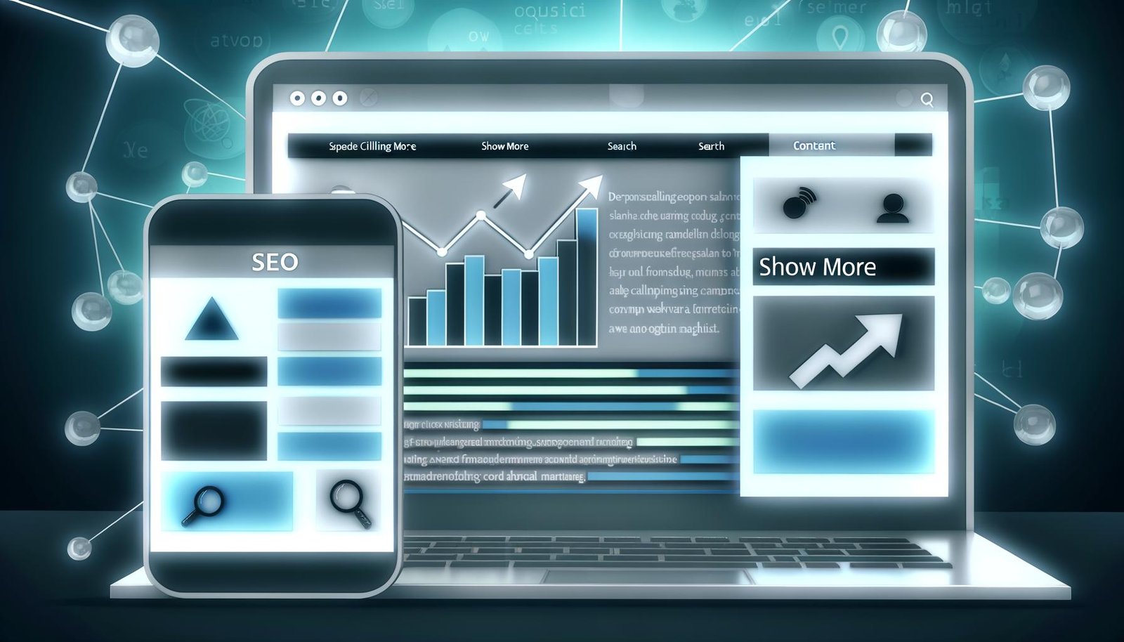 Modernes Website-Design mit expandierbaren Bereichen auf Laptop und Smartphone, SEO-Symbole, Core Web Vitals-Anzeige und Google-Bot-Silhouette im Hintergrund.