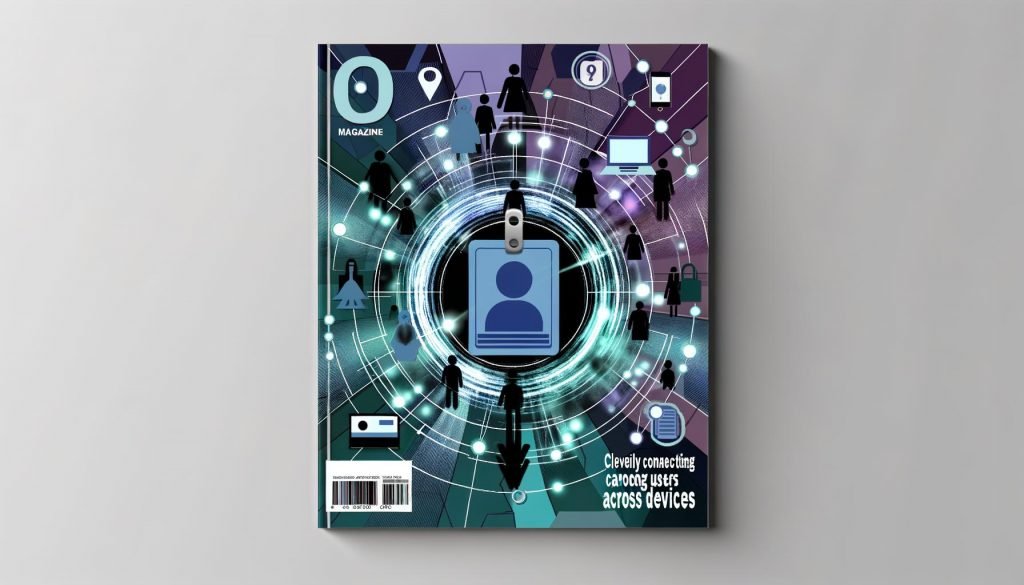 Stilisiertes Cover mit digitaler User-ID-Karte, die von miteinander verbundenen Menschensilhouetten und Geräten wie Laptop, Tablet und Smartphone mit identischer User-ID umgeben ist.