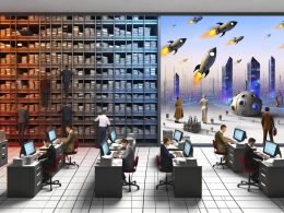 Labyrinthartiges Büro mit Aktenordnern und Papierstapeln im Vordergrund, gestresste Menschen am Computer; durch ein Fenster sieht man eine moderne Stadt mit Raketen, Robotern und kreativen Technologen hinter einer Glaswand.