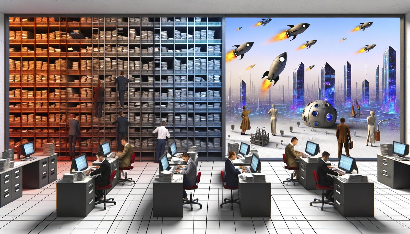 Labyrinthartiges Büro mit Aktenordnern und Papierstapeln im Vordergrund, gestresste Menschen am Computer; durch ein Fenster sieht man eine moderne Stadt mit Raketen, Robotern und kreativen Technologen hinter einer Glaswand.