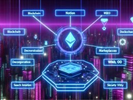 Futuristischer digitaler Workspace mit holografischem Notion Dashboard, vernetzt mit Blockchain, NFT, Web3 Wallets und Sicherheitselementen vor einer neonbeleuchteten Metaverse-Stadt.