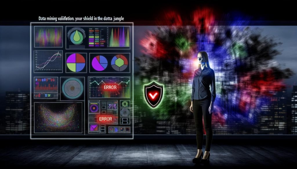 Kontrastreiche Illustration eines Data Scientists vor Modell-Diagramm mit Error-Markierungen, Schutzschild für Validierung und chaotischen Datenströmen im Hintergrund