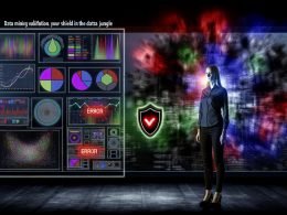 Kontrastreiche Illustration eines Data Scientists vor Modell-Diagramm mit Error-Markierungen, Schutzschild für Validierung und chaotischen Datenströmen im Hintergrund