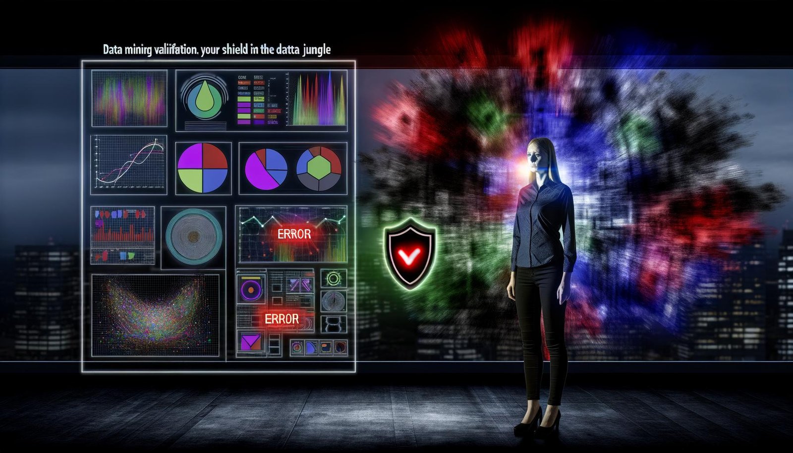 Kontrastreiche Illustration eines Data Scientists vor Modell-Diagramm mit Error-Markierungen, Schutzschild für Validierung und chaotischen Datenströmen im Hintergrund