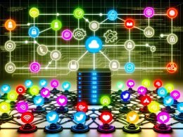 Illustration eines digitalen Netzwerk-Backbones mit verbundenen API-Endpunkten, Social-Media-Logos und einem zentralen Server-Gateway vor futuristischem Hintergrund.