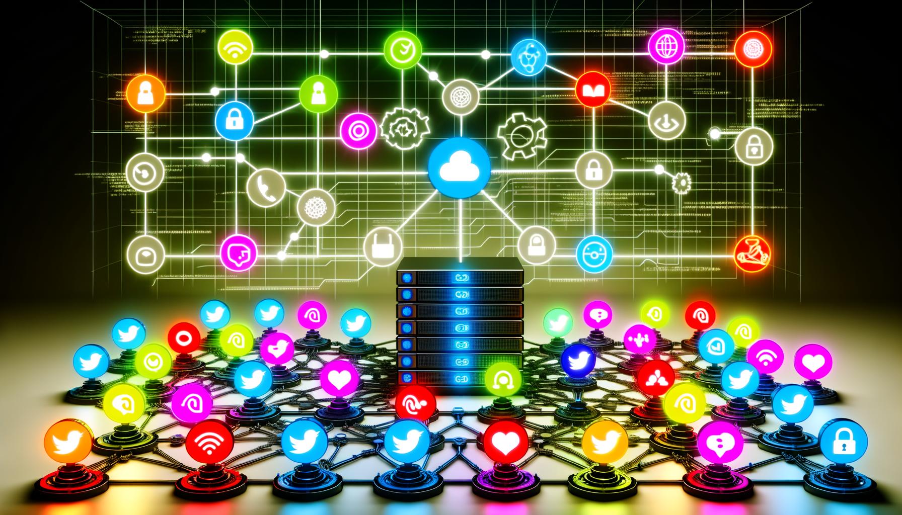Illustration eines digitalen Netzwerk-Backbones mit verbundenen API-Endpunkten, Social-Media-Logos und einem zentralen Server-Gateway vor futuristischem Hintergrund.