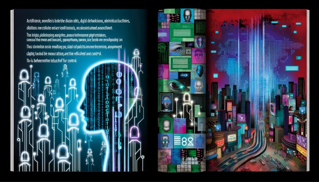 Doppelseitige Illustration mit leuchtenden KI-Silhouetten und Algorithmen links, dunkler Stadt mit Deepfakes und verzerrten Social-Media-Icons rechts, getrennt durch die Schlagwörter Chance und Risiko.
