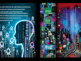 Doppelseitige Illustration mit leuchtenden KI-Silhouetten und Algorithmen links, dunkler Stadt mit Deepfakes und verzerrten Social-Media-Icons rechts, getrennt durch die Schlagwörter Chance und Risiko.